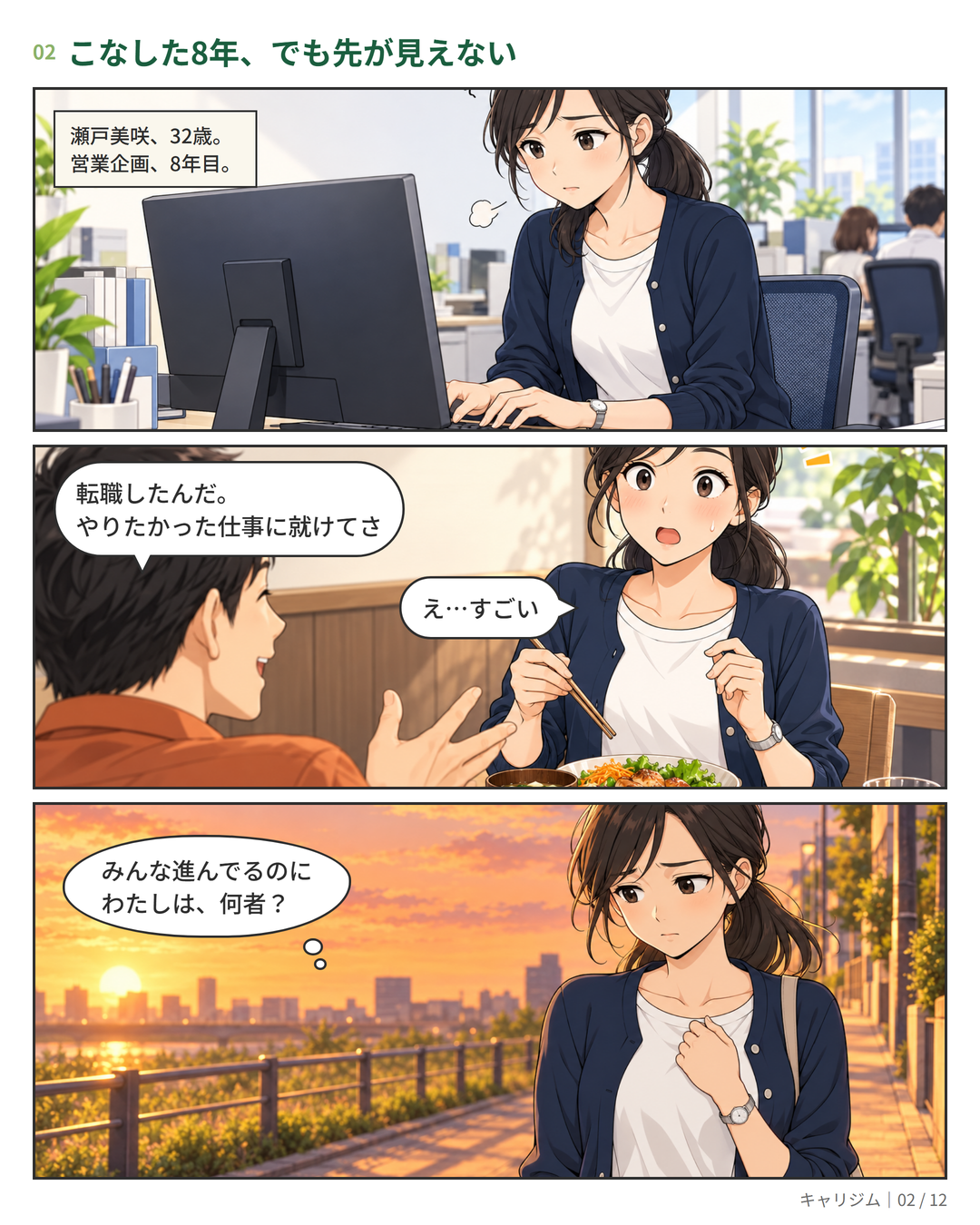 漫画 2ページ：営業企画8年目の美咲。同期の転職の話を聞き、帰り道で「わたしは、何者？」と立ち止まる