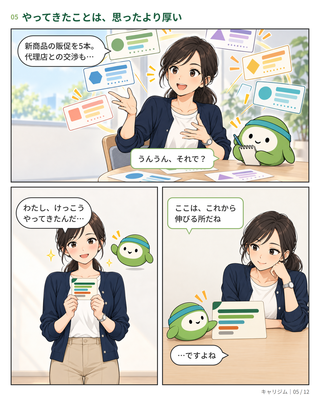 漫画 5ページ：これまでの仕事を話し、値のカードを受け取って「けっこうやってきた」と照れる