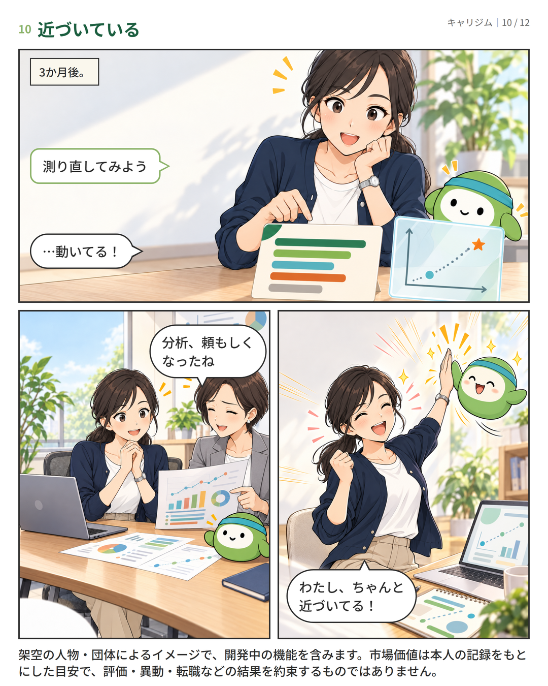 漫画 10ページ：3か月後に測り直すと少し近づいていて、評価面談でも認められて喜ぶ